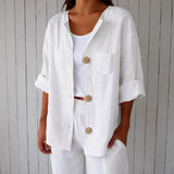 Bluse Marie™ mit Frontknöpfen, 3/4-Ärmeln und Brusttasche – Weiß