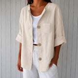 Bluse Marie™ mit Frontknöpfen, 3/4-Ärmeln und Brusttasche – Beige