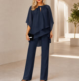 Celienne™ Set mit Chiffonbluse, Mullet-Saum und eleganter Hose mit geradem Schnitt / Ein kompletter Look für besondere Anlässe – Marineblau
