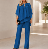 Celienne™ Set mit Chiffonbluse, Mullet-Saum und eleganter Hose mit geradem Schnitt / Ein kompletter Look für besondere Anlässe – Blau