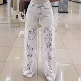 Bethania™ Jeans aus Modernem Denim mit Handgefertigter Blumen-Spitze – Weiß
