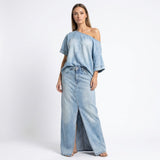 Capri Bleu™ Set mit Asymmetrischem Oberteil und Leichtem Jeansrock – Hellblau