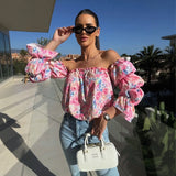 Florenze™ Bluse mit schulterfreiem Design und eleganter Blumenoptik – Mehrfarbig Mit Blumenmuster