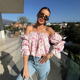 Florenze™ Bluse mit schulterfreiem Design und eleganter Blumenoptik – Rosa Mit Blumenmuster