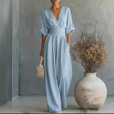 Aurore - Bequemer Jumpsuit Mit V-Ausschnitt – Blau