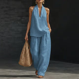 Aurelia™-Set aus Baumwoll-Leinen im Minimalistischen Stil mit Fließender Passform – Blau