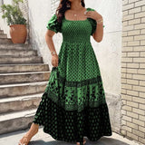 Selaris™ Kleid mit Puffärmeln und Fließender Silhouette – Grün