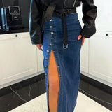 Lorena™ Jeansrock mit Knopfleiste vorn und elegantem Schlitz – Dunkelblau