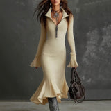 Evora Luxe™ Kleid Aus Geripptem Strick Mit Frontreißverschluss und Meerjungfrauensaum – Beige