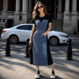 Alisse™ Kleid mit Denim-Panel und Modernem Design – Schwarz