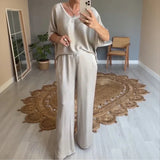 Marevielle™ Set Aus Satinartigem Stoff Mit Lockerer Bluse und Fließender Pantalonhose – Grau