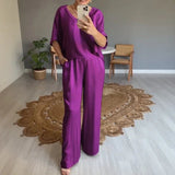 Marevielle™ Set Aus Satinartigem Stoff Mit Lockerer Bluse und Fließender Pantalonhose – Lila