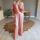 Marevielle™ Set Aus Satinartigem Stoff Mit Lockerer Bluse und Fließender Pantalonhose – Rosa