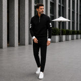 Alexander™ Set mit Stehkragen-Shirt mit Reißverschluss und Minimalistischer Hose – Schwarz