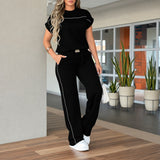 Calienne™ Set mit Gerader Hose und Kurzarmbluse – Schwarz