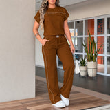 Calienne™ Set mit Gerader Hose und Kurzarmbluse – Braun