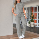 Calienne™ Set mit Gerader Hose und Kurzarmbluse – Grau