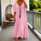 Liorenna™ Kleid aus Baumwoll-Leinen mit Lockerer Passform und V-Ausschnitt – Rosa