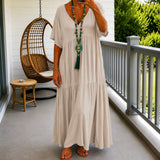 Liorenna™ Kleid aus Baumwoll-Leinen mit Lockerer Passform und V-Ausschnitt – Beige