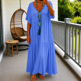 Liorenna™ Kleid aus Baumwoll-Leinen mit Lockerer Passform und V-Ausschnitt – Blau