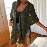 Calivie™ Cardigan Aus Lochstrick Mit Fransen Und Handwerklicher Struktur – Grün