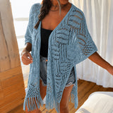 Calivie™ Cardigan Aus Lochstrick Mit Fransen Und Handwerklicher Struktur – Hellblau