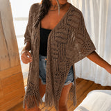 Calivie™ Cardigan Aus Lochstrick Mit Fransen Und Handwerklicher Struktur – Braun
