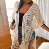 Calivie™ Cardigan Aus Lochstrick Mit Fransen Und Handwerklicher Struktur – Beige