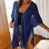 Calivie™ Cardigan Aus Lochstrick Mit Fransen Und Handwerklicher Struktur – Blau