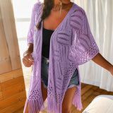Calivie™ Cardigan Aus Lochstrick Mit Fransen Und Handwerklicher Struktur – Lila