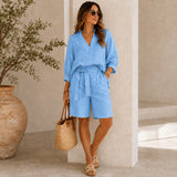 Set Alvara™ Mit Fließender Bluse Und Shorts Mit Bindegürtel – Blau