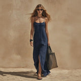 Varenna™ Langes Kleid Mit Schmalen Trägern, Frontschlitz Und Fließender Passform – Tiefblau