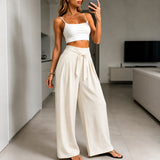 Arielle™ Hose mit Eleganter Verstellbarer Bindeschärpe und Strukturiertem Bund – Beige