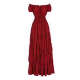 Margaret - Damen Maxikleid mit schulterfreiem Design und gestuftem Rock mit gerafftem Bund – Weinrot