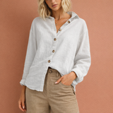 Leinenlook-Bluse mit Knopfverschluss für Damen | Esmée – Weiß