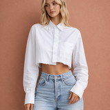 Gekürzte Bluse mit rohem Saum und weiten Ärmeln für Damen | Feline – Weiß