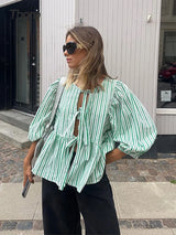 Damen Sommer-Top mit Puffärmeln – Gestreift, Leicht & Trendy – Grün