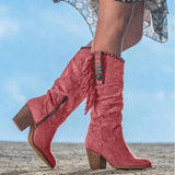 Damen Westernstiefel aus Veganem Leder mit Fransen – Boho Look – Rot