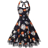 Damen Halloween-Kleid mit Print & Neckholder | Ausgestellt & Midi-Länge – Schwarz