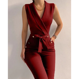 Aurora | V-Ausschnitt Ärmellos Jumpsuit – Weinrot