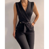 Aurora | V-Ausschnitt Ärmellos Jumpsuit – Schwarz