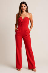 Madison | V-Ausschnitt Weites Bein Jumpsuit – Rot