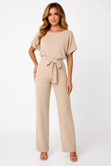 Natalie | Kurzarm Weites Bein Jumpsuit – Beige