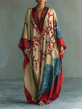 Maxi-Kleid mit Fledermausärmeln und japanischem Rot-Pflaumenblüten-Druck – Rot