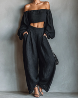 Maike | Strapless-Set aus Leinen-Mix mit weiter Hose – Schwarz