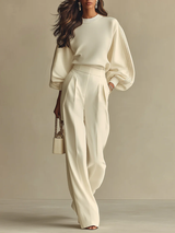 Ylva | Geripptes Strick-Set mit weiter Hose – Elfenbein