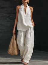 Nele | V-Ausschnitt-Top & weite Hose im Leinen-Look – Weiß