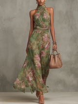 Serena | Damen Langes Chiffonkleid Blumenmuster Neckholder – Florales Chiffon Maxi – Grün