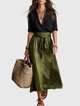 Odelia - Luxuriöses Boho-Set aus Top und Midirock – Schwarz Oliv