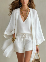 Antje | 3-teiliges Set mit Cardigan und Shorts – Weiß